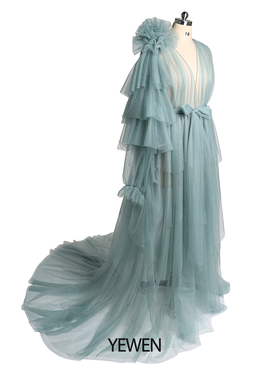 Maxi-Ballkleid mit V-Ausschnitt, Blumenmuster, eine Schulter, Umstandskleid für Babyparty 