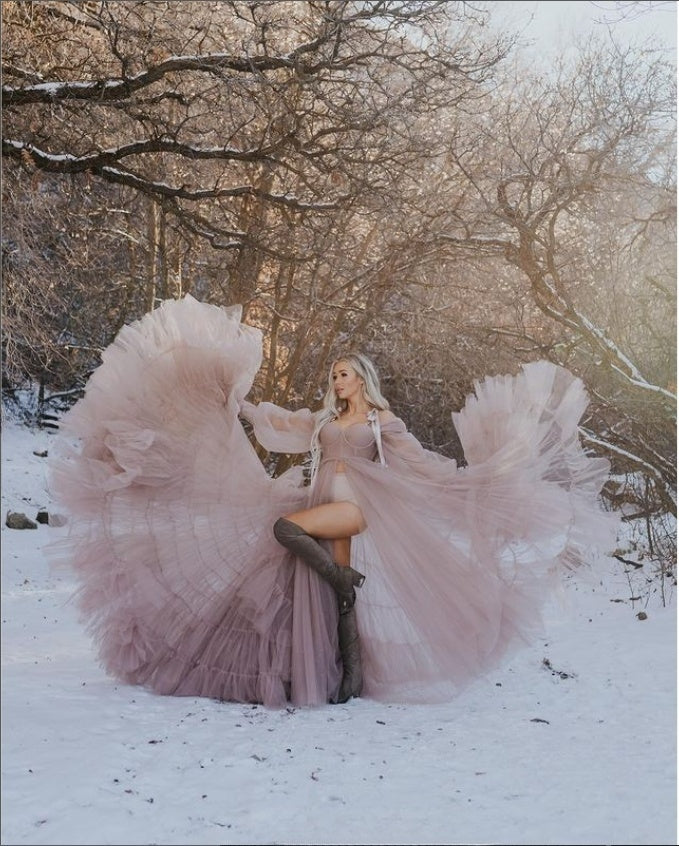 Umstandskleid für Fotoshootings, Tüllkleid, Fotografiekleid mit Bauchschlitz vorne, YW221106 