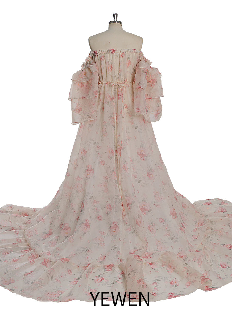 Trägerloses Umstandskleid Fotoshooting Print Floral Seide Weicher Organza Frau Maxikleid Seitenschlitz YW231002 