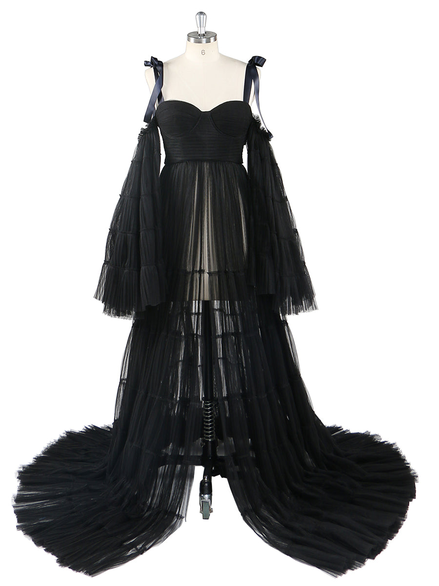Plissiertes Umstandskleid aus Tüll für Fotoshootings, große ausgestellte Ärmel, Fotoshooting-Kleid für Damen, YW21025