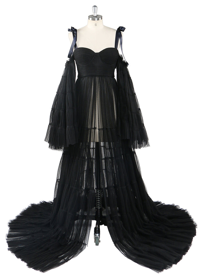Plissiertes Umstandskleid aus Tüll für Fotoshootings, große ausgestellte Ärmel, Fotoshooting-Kleid für Damen, YW21025