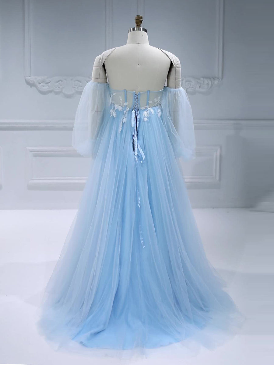 Blue Tulle Maternity Dress for Photo Shoot with Detachable Sleeves 