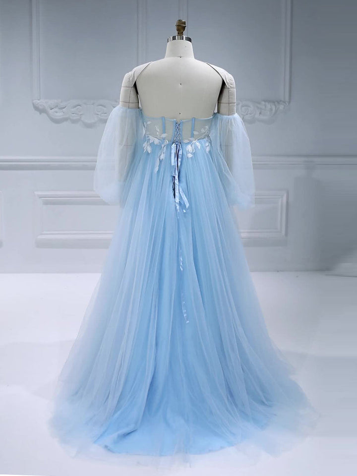 Blue Tulle Maternity Dress for Photo Shoot with Detachable Sleeves 