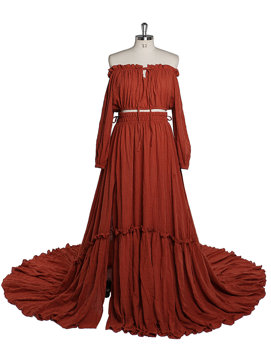 Versandfertig - 2-teiliges Set Maxikleider Dehnbare Taille Umstandskleid Fotografie Kleid YD211229