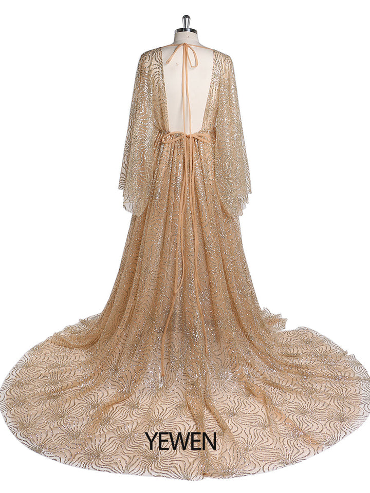 Champagner-Gold-Glitter Umstandskleider für Fotoshootings Verstellbare Taille Schwangerschaftsfotografie Robe Babypartykleid YW220402-2 