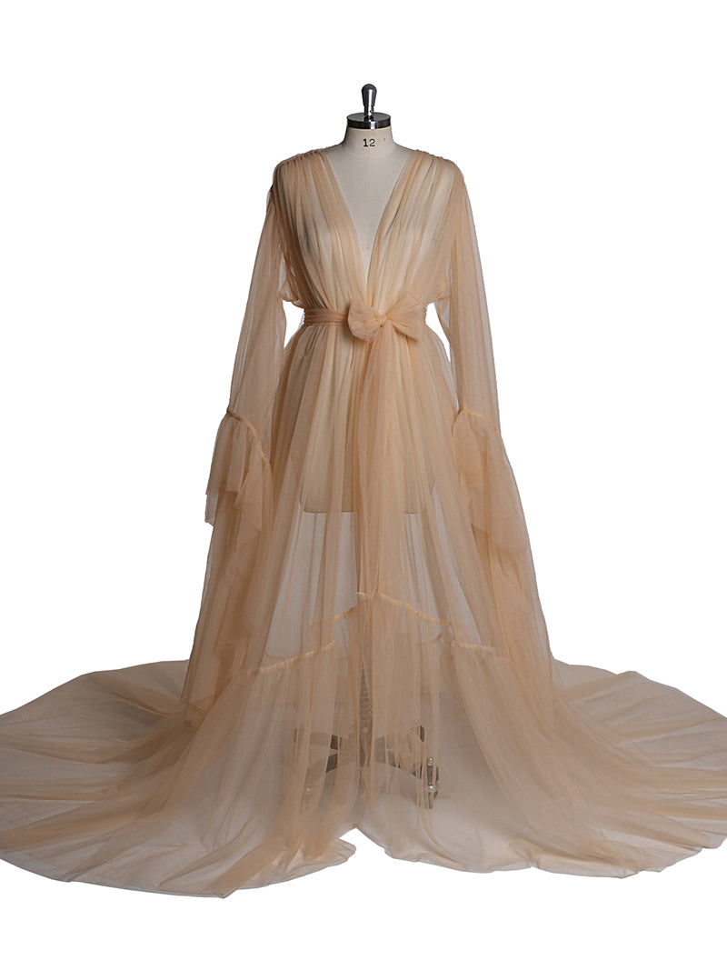 Elegantes V-Ausschnitt Umstands-Fotoshooting-Kleid Glockenärmel Sexy Maxikleid YW2055 