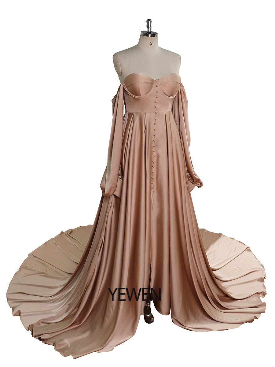A-Linie Satin Brautkleid mit Schnürung am Rücken und langen Ärmeln, Kleider für Fotoshootings YW220928 