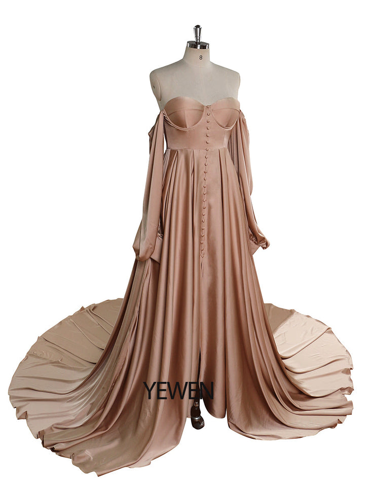 A-Linie Satin Brautkleid mit Schnürung am Rücken und langen Ärmeln, Kleider für Fotoshootings YW220928 
