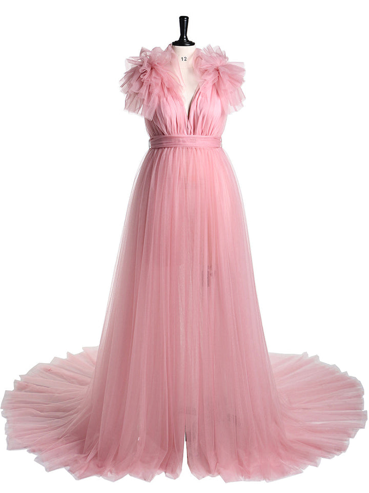 Umstandskleid für Fotoshootings, Bauchschlitz vorne, Schulterrüschen, Fotografie-Maxikleid, Babyparty-Kleid YD217051 