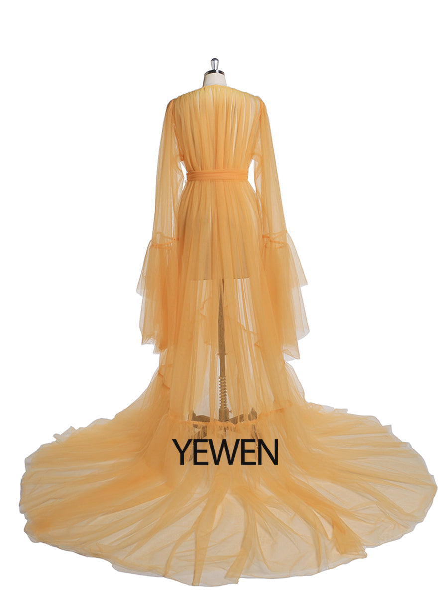 Elegantes V-Ausschnitt Umstands-Fotoshooting-Kleid Glockenärmel Sexy Maxikleid YW2055 
