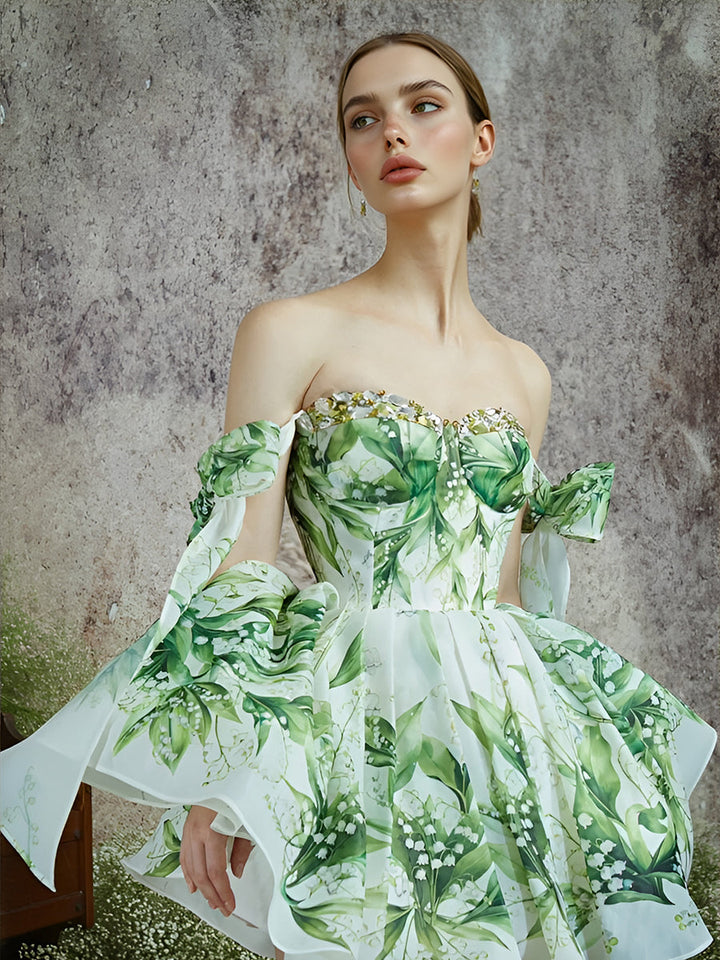 Grünes Midi-Ballkleid mit Blumenmuster, Cocktailparty, Heimkehrkleid 