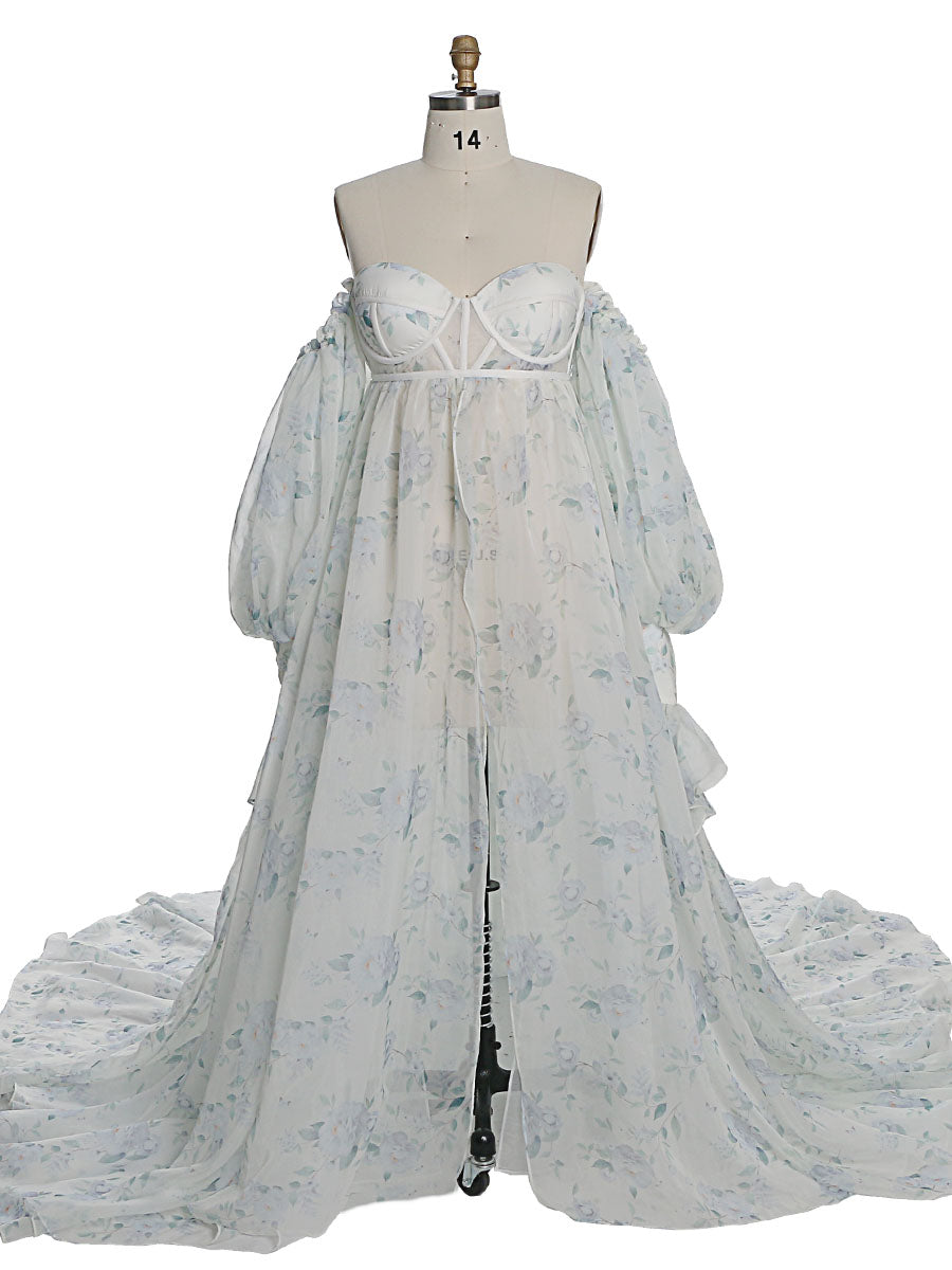 Umstandskleid Fotoshooting Print Blumenmuster Seide Weicher Organza Schulterfreies Maxikleid mit Schleppe YW230305 