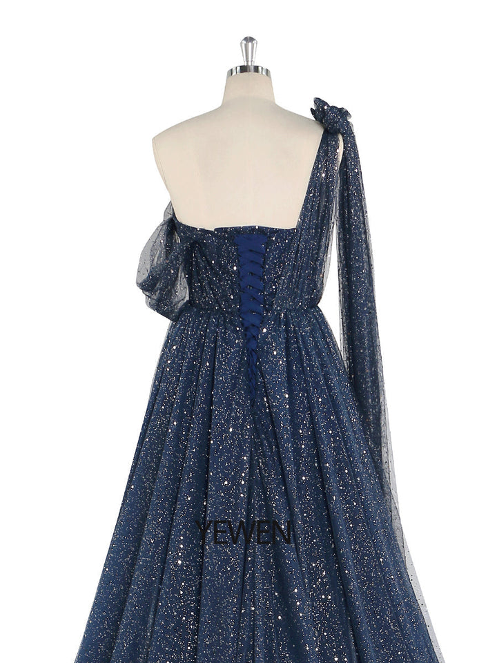 Glitzerndes Tüllkleid mit Sternenhimmel-Fotografie-Kleid, modisches Glitzer-Mesh-Designer-Ballkleid, lang, YEWEN YW010 