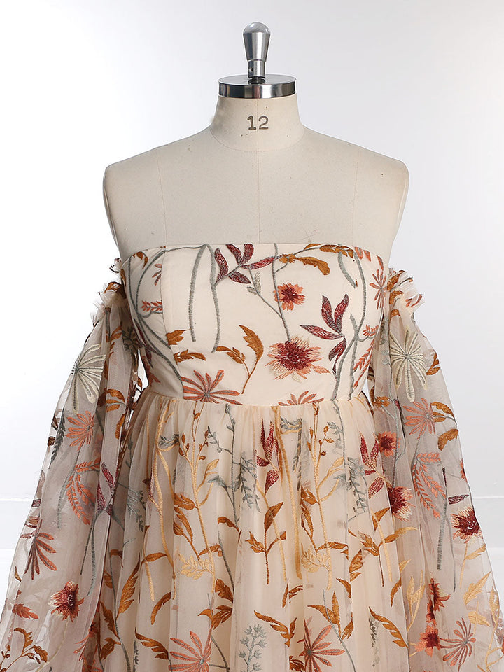 Schulterfreies Langarm-Stickerei-Spitzen-Brautkleid mit farbigem Fotoshooting-Kleid YW230320 