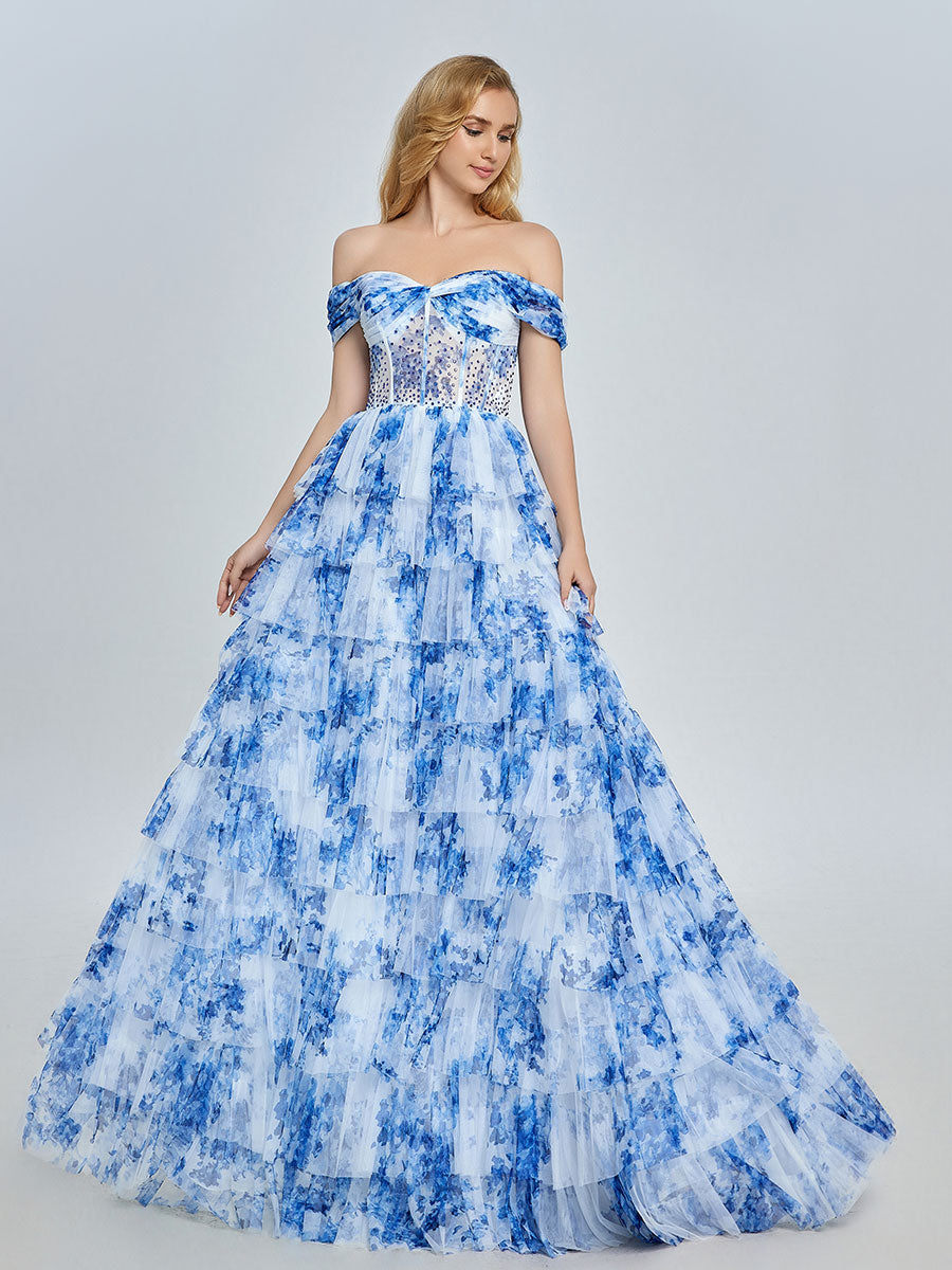 Blaues schulterfreies Ballkleid aus floralem Tüll mit mehreren Lagen YE3025 