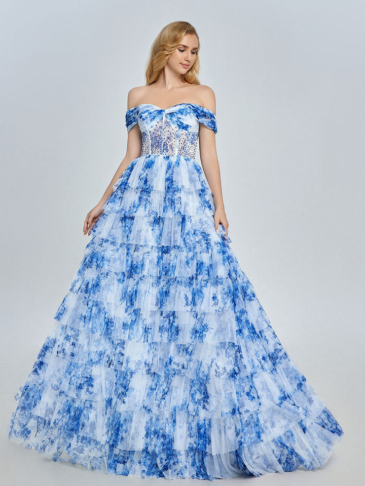 Blaues schulterfreies Ballkleid aus floralem Tüll mit mehreren Lagen YE3025 