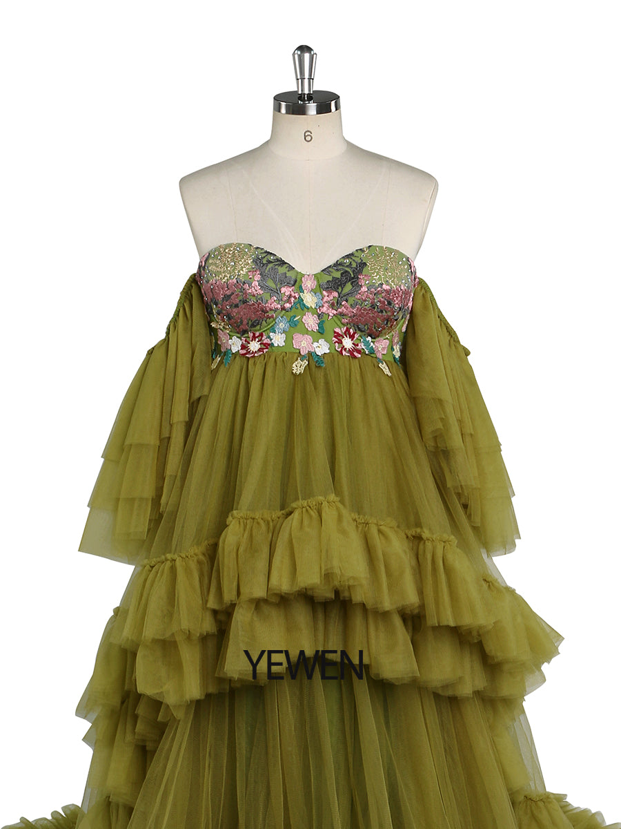 Schulterfreies Umstandskleid mit Stickerei, Spitze, Tüll, für Fotoshootings, Rüschen, Maxikleid für Damen, Fotografie-Outfit YW2045 