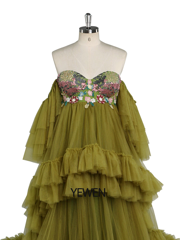 Schulterfreies Umstandskleid mit Stickerei, Spitze, Tüll, für Fotoshootings, Rüschen, Maxikleid für Damen, Fotografie-Outfit YW2045 