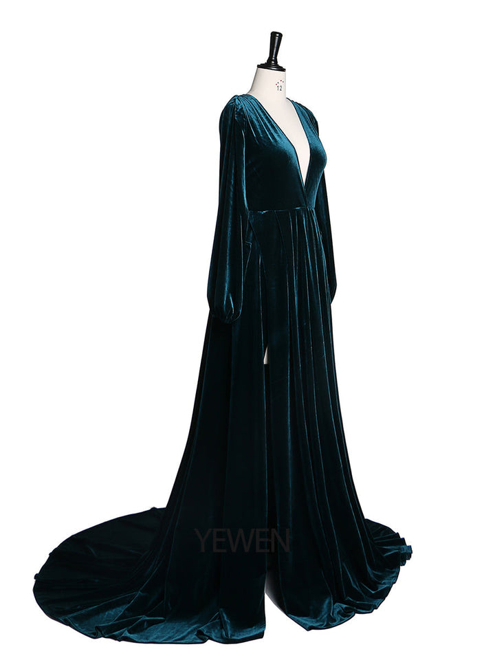Schwarzes Abendkleid aus Samt mit V-Ausschnitt, langen Ärmeln, Stretch-Taille, seitlichem Schlitz, Fotoshooting-Kleid, Umstandskleider YD211012 