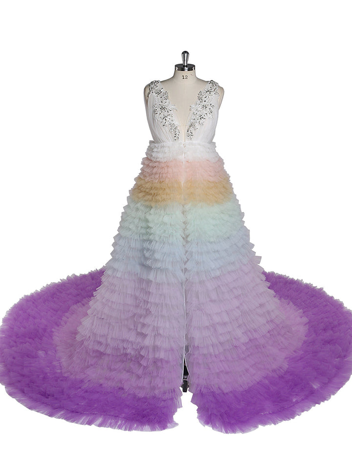 Elegante Regenbogen Rüschen Abendkleider Strass Dekoration Tüll Schichten Fotografie Kleid YEWEN