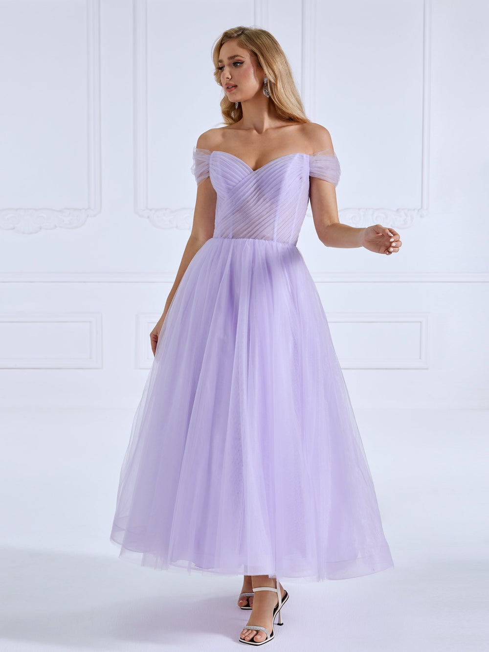 A-line, Off the Shoulder ,Tulle Prom Dresses, Ankle Length