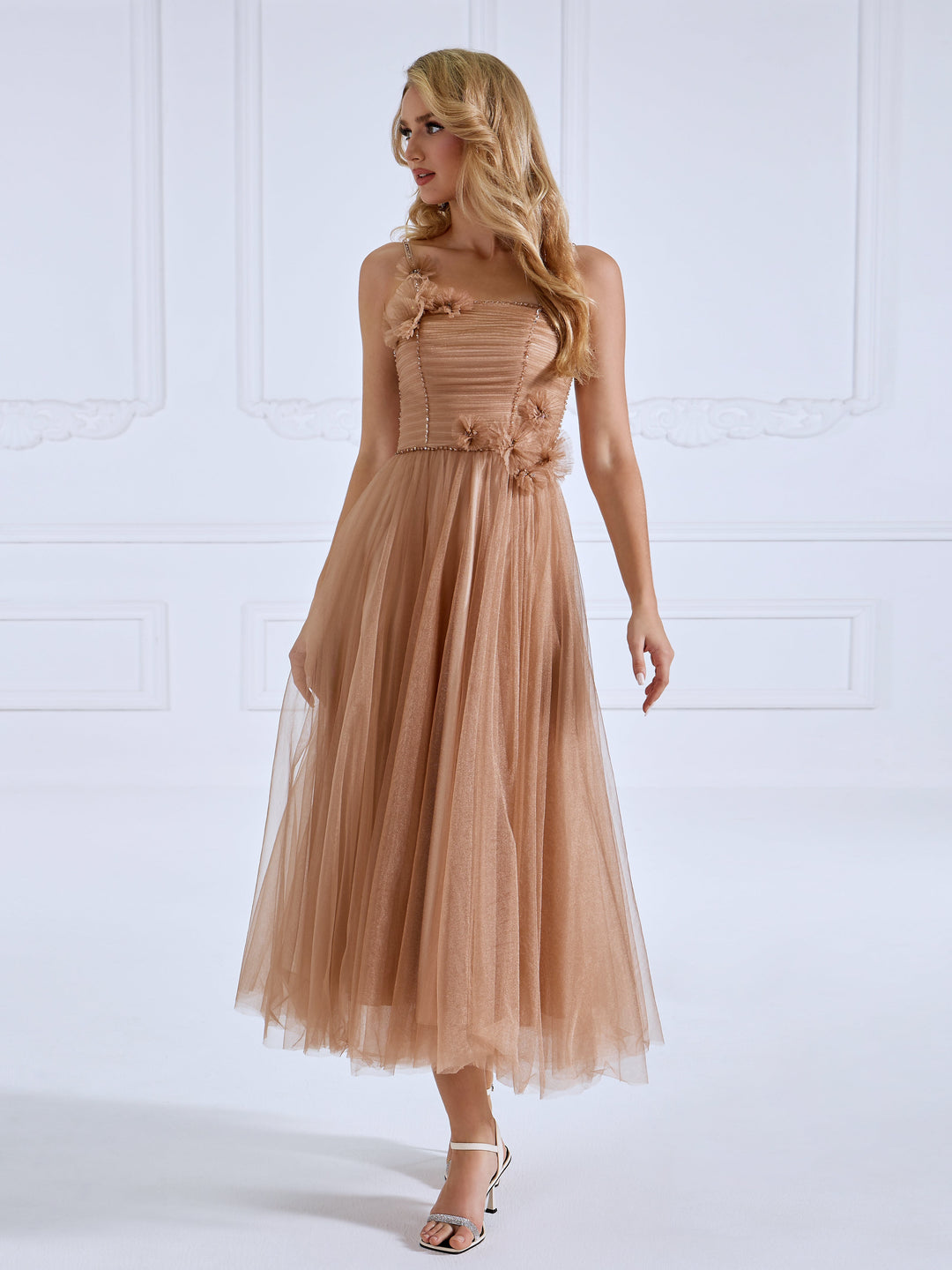 Spaghetti Strap, Glitter Mesh, Ankle Length , Prom Ball Gown 