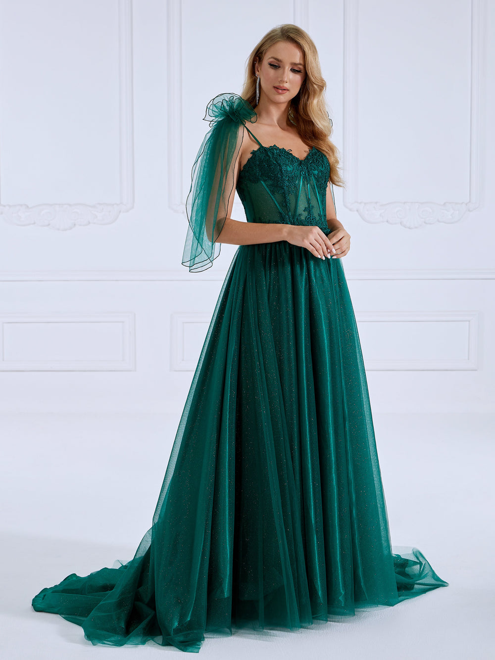 A Line,  Sweetheart Sweep, Train Green ,Evening Dresses, Photo Shoot Gown