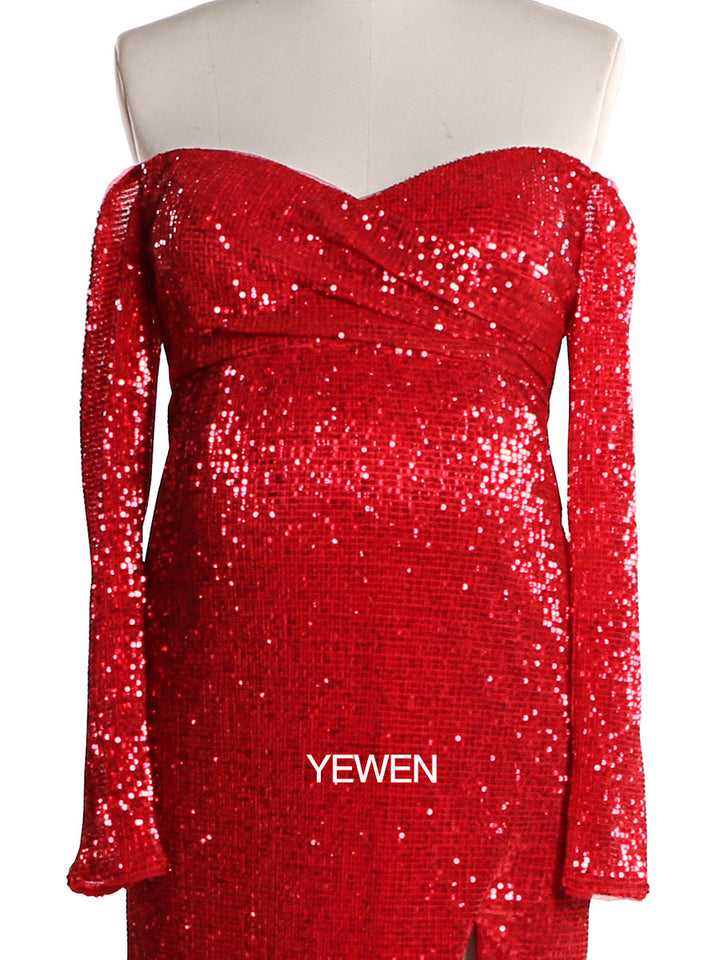 Langärmliges Pailletten-V-Ausschnitt-Abendkleid mit offener Vorderseite und Stretch-Bauch