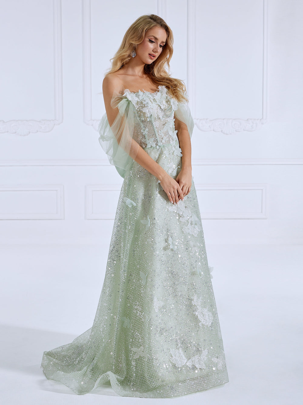 A Line, Prom Dresses, Sparkle Mesh appliques ,Off The Shoulder , Evening Dress , prom dresses