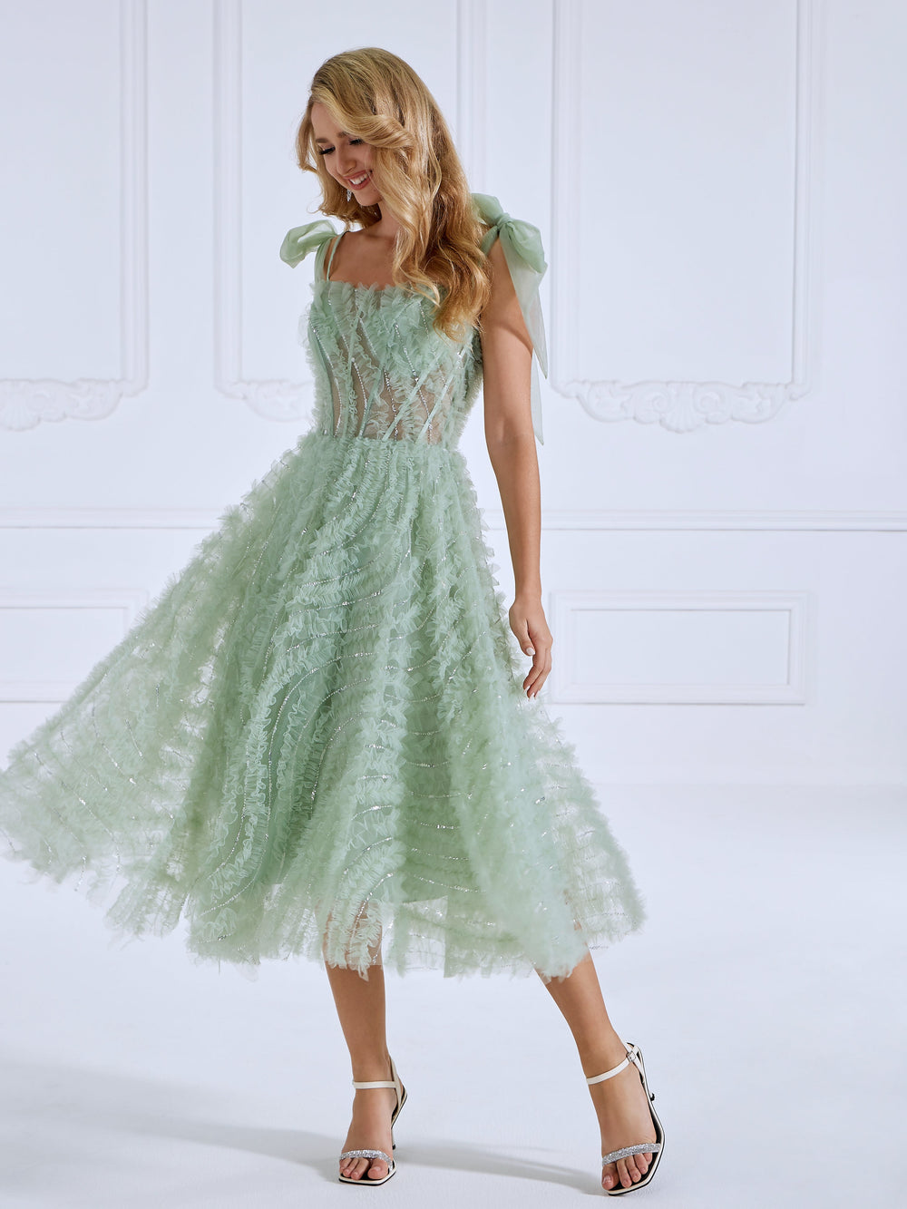 Sleeveless Scoop, Neckline Ruffled , Prom Dress
