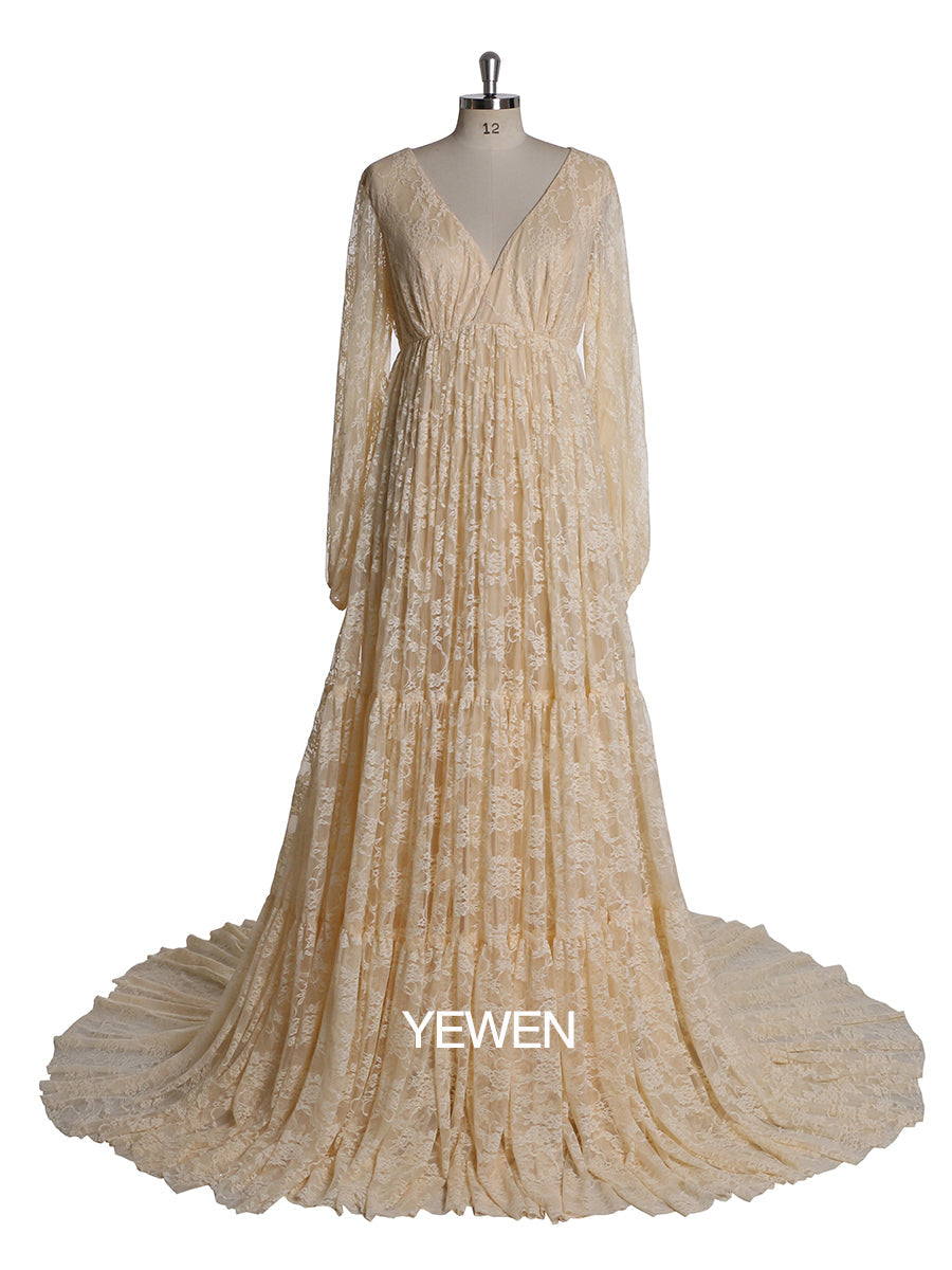 Elegantes Abendkleid mit V-Ausschnitt und langen Ärmeln aus Spitze, Umstandskleid für Fotografie, Babyparty, YW2046