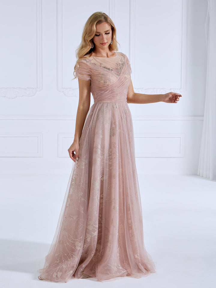 A Line,  illusion Round Neck, Floor Length , Tulle Prom Dresses With Glitter Pattern