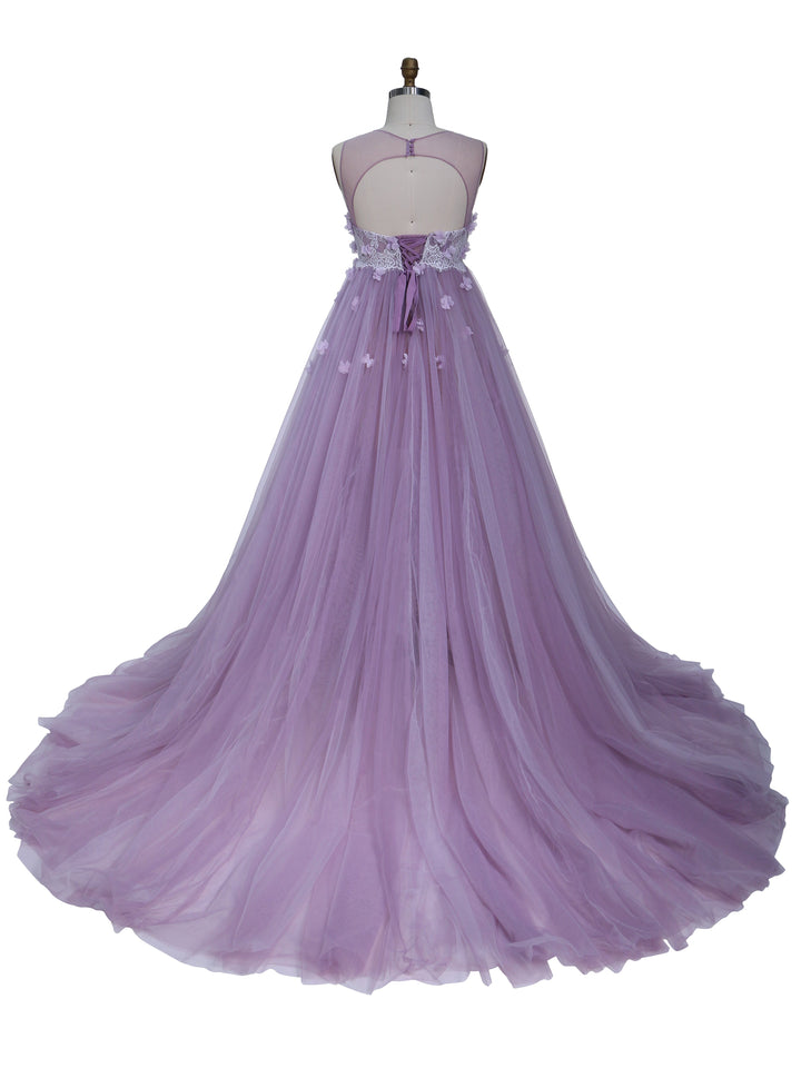 Rosa Blumenkleid aus weichem Tüll für Fotoshootings, Rundhalsausschnitt, rückenfreies Maxikleid aus Tüll, YW230330 