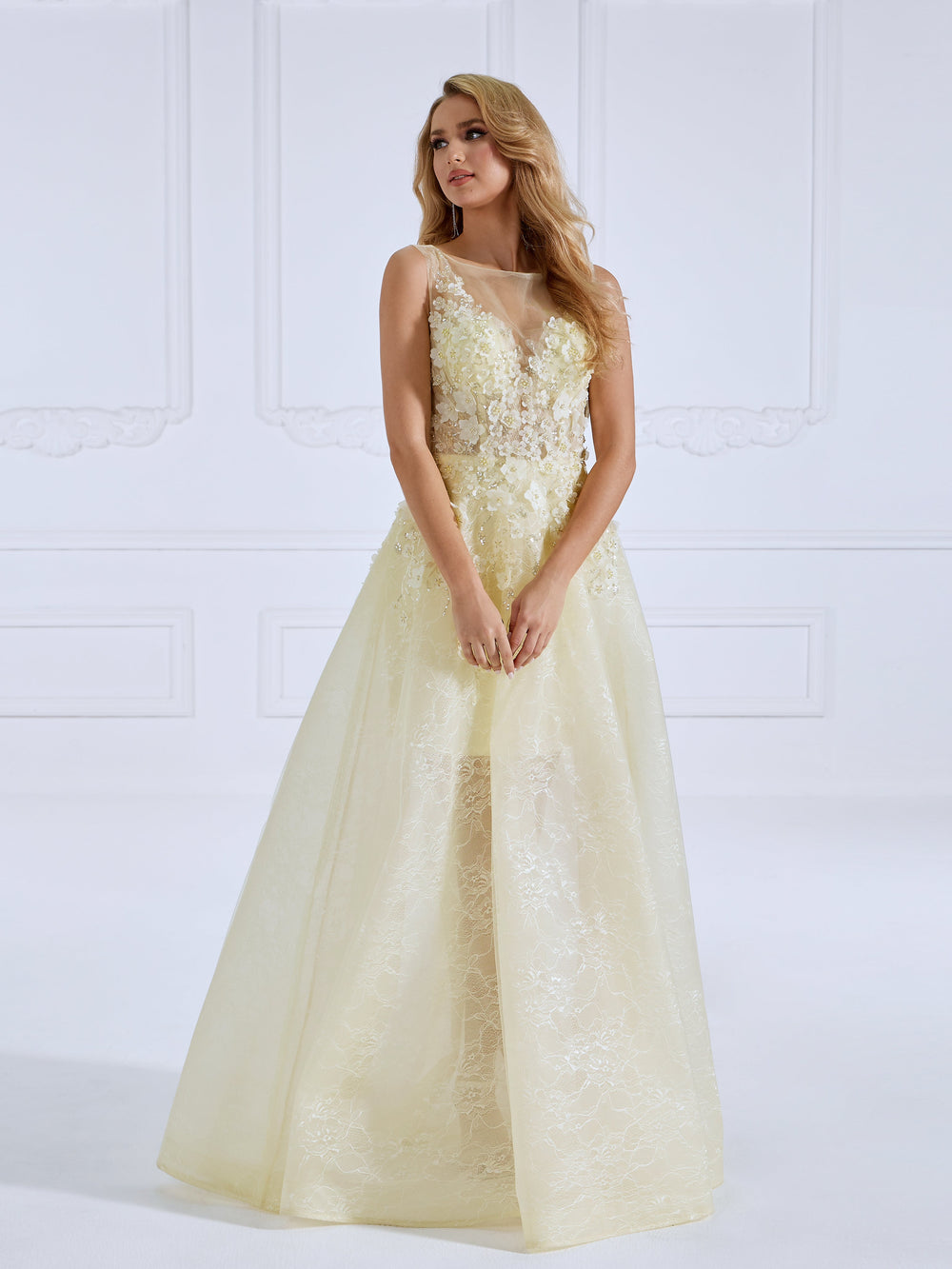 Round Neck ,Floor-Length, Tulle Yellow, Prom Dresses With Appliques, Lace Beads