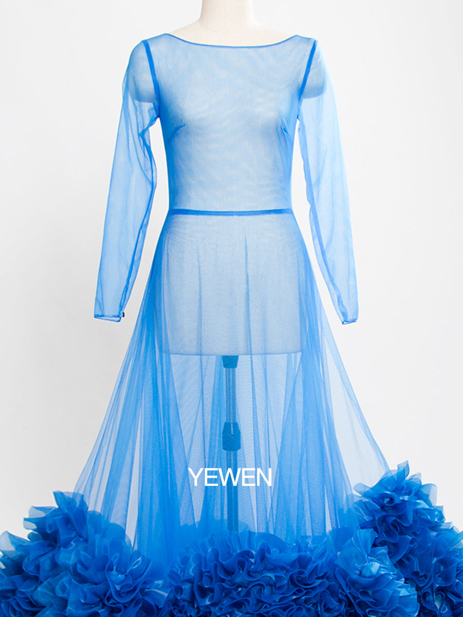 Blaues Langarm-Umstandskleid im Meerjungfrauen-Stil, Rundhalsausschnitt, durchsichtig, sexy Partykleid 