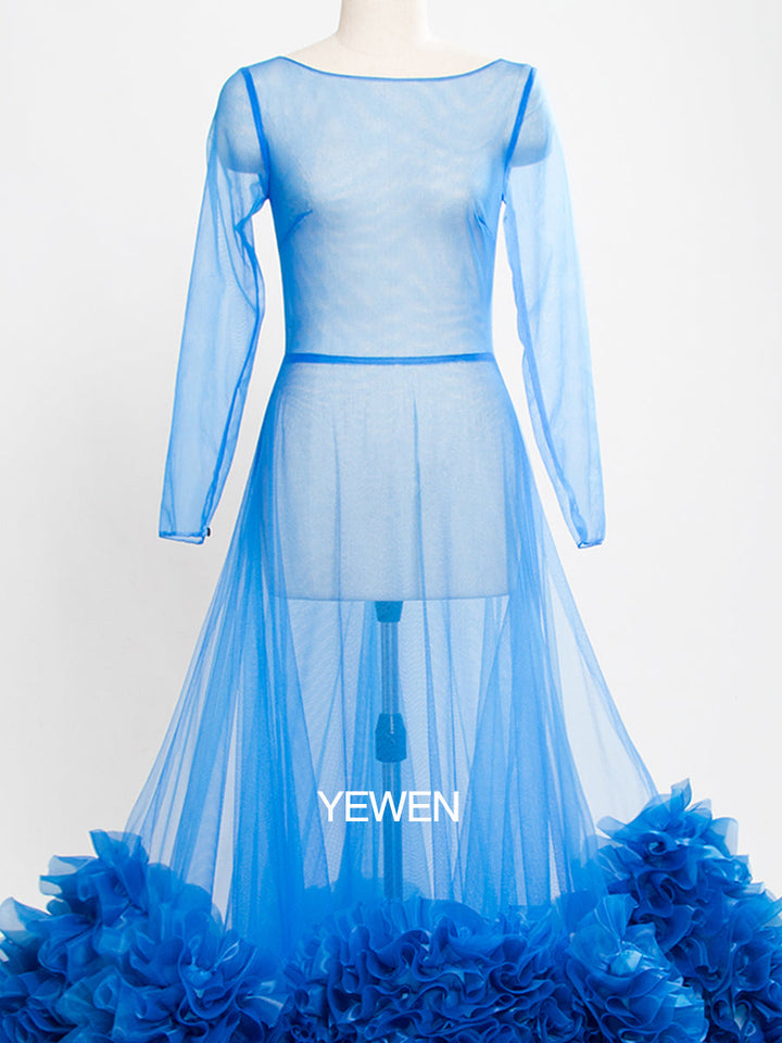Blaues Langarm-Umstandskleid im Meerjungfrauen-Stil, Rundhalsausschnitt, durchsichtig, sexy Partykleid 