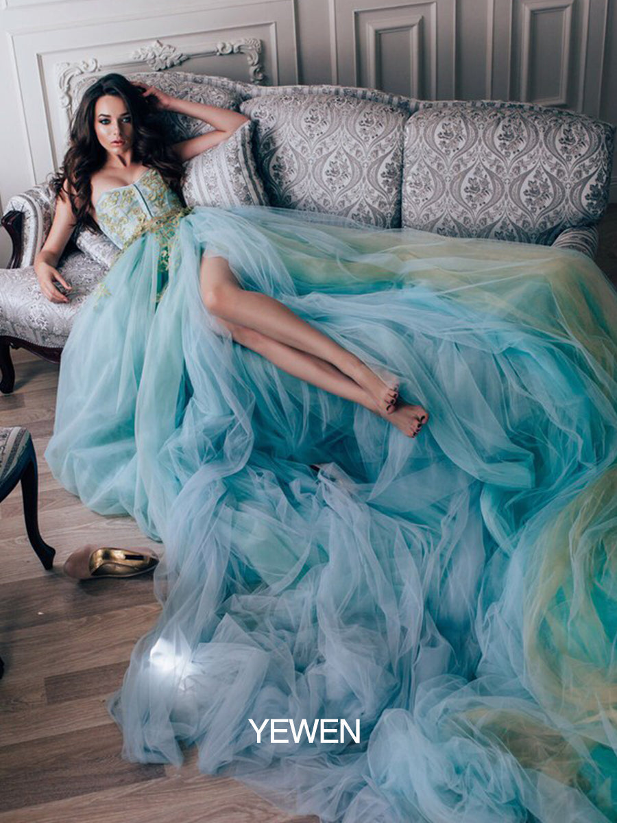 Elegantes Umstandskleid für Fotoshooting, trägerlos, Schlitz, Tüll, Hochzeits- und Abend-Maxikleid mit 2 m Schleppe 