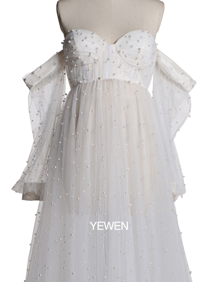 Schulterfreies, elfenbeinfarbenes, langärmliges Umstandskleid mit Perlen vorne und offen, Fotoshooting-Kleid für Damen LT024 