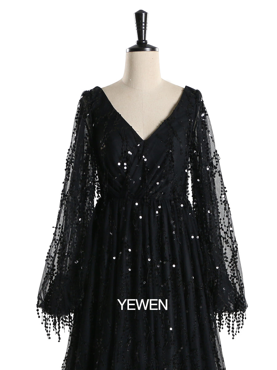 Schwarzes V-Ausschnitt Pailletten Elegantes Langarm Abendkleid Formelle Partykleider 