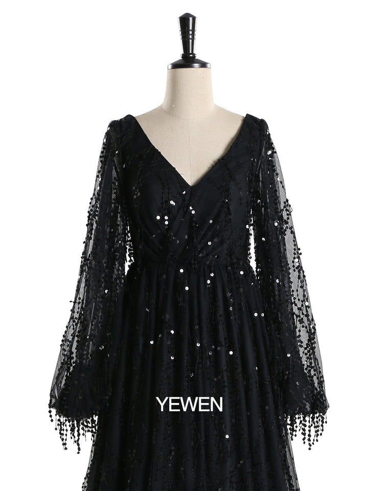 Schwarzes V-Ausschnitt Pailletten Elegantes Langarm Abendkleid Formelle Partykleider 