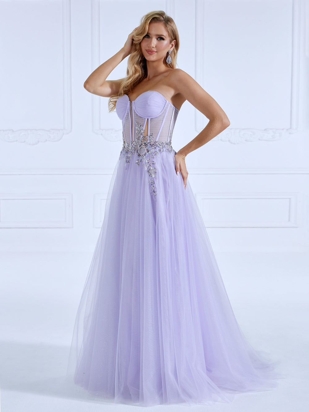 A-line Off , the Shoulder Floor-Length,  Light Purple , Prom Dresses With Sequins Beads