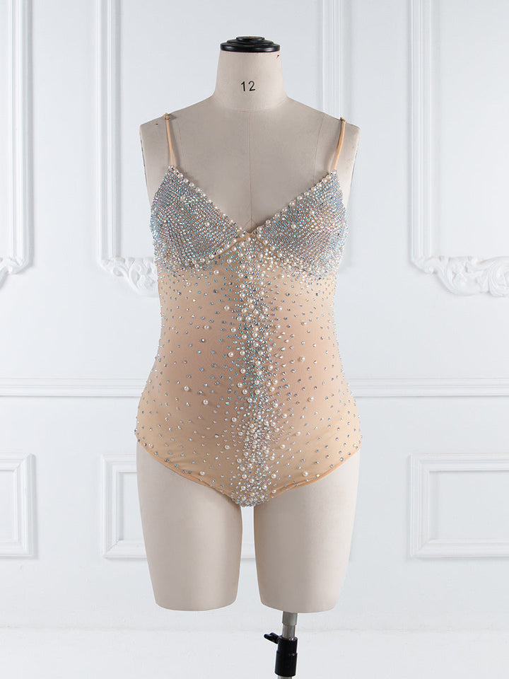 Dehnbarer Netz-Umstandsbodysuit mit Strasssteinen und Perlen, Schwangerschafts-Fotoshooting, figurbetonter Strampler #GJ001 