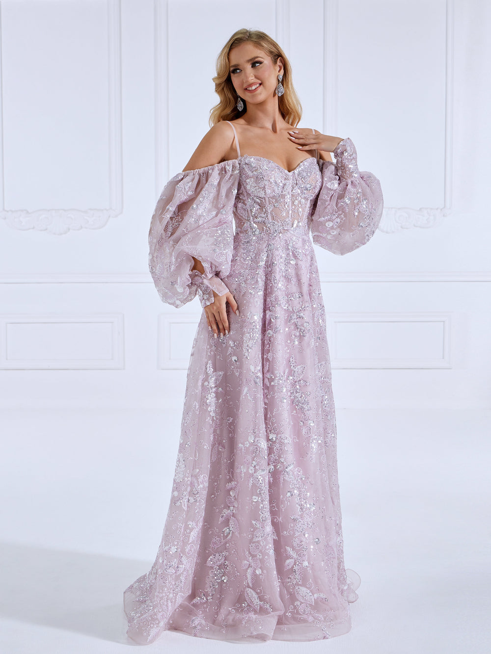 High Quality Sequin Embroidery Pattern Prom Dresses, A-Line ,Princess Long Sleeevs, Floor-Length Dress