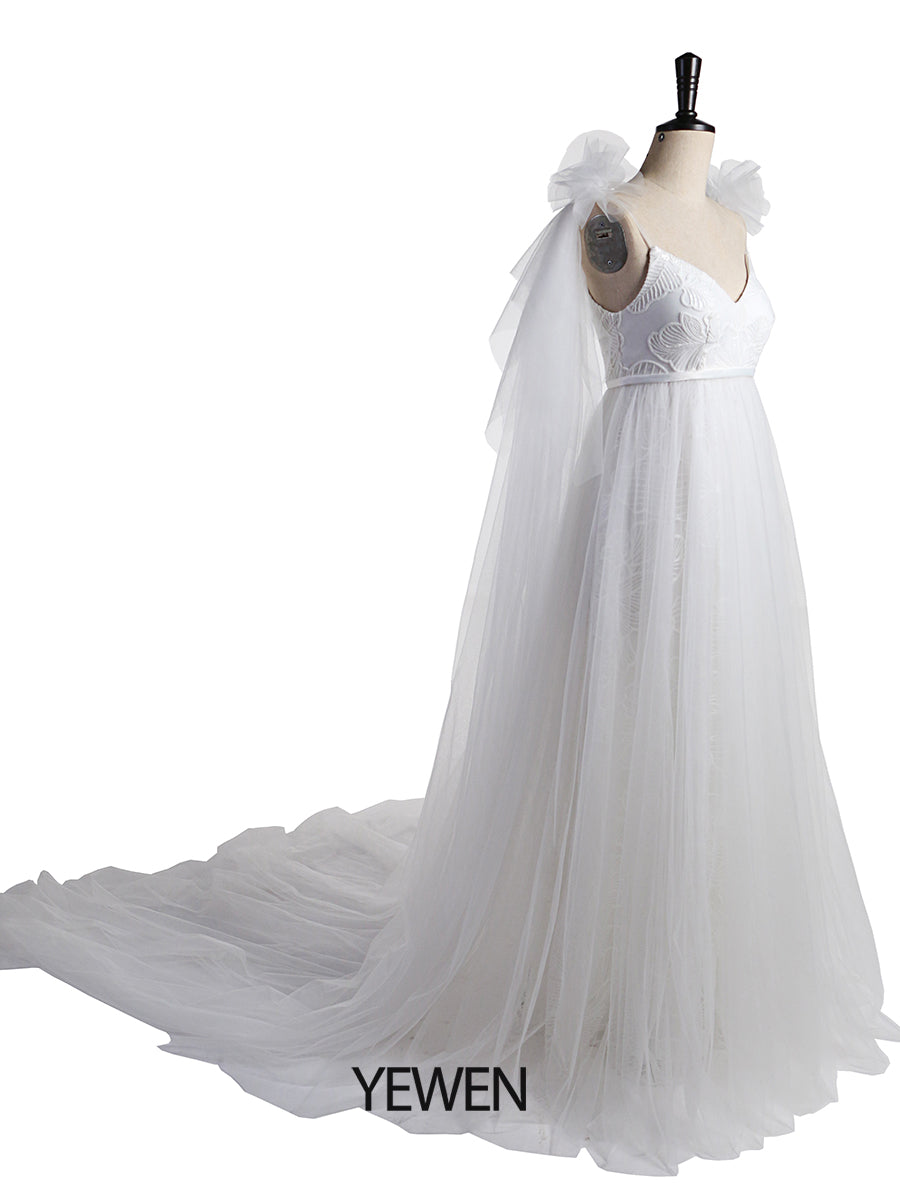 Schulter Rüschen Blume Lange Mutterschaft Brautkleid Foto-Shooting Kleid
