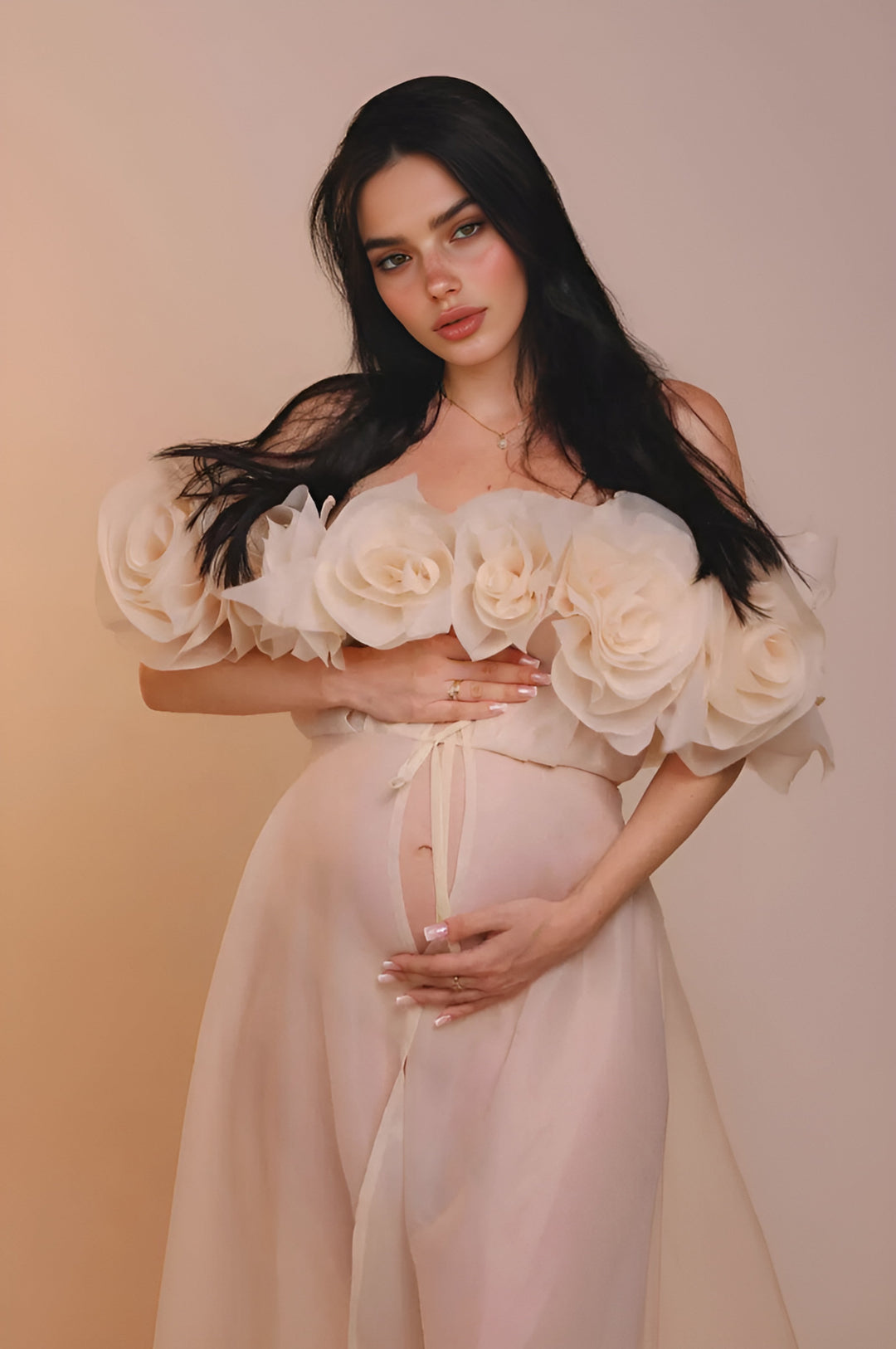 Umstandskleid für Fotoshootings, durchsichtiges Umstandskleid mit 3D-Blumen, transparentes Organza-Schwangerschaftskleid für Babyparty, YW250023 