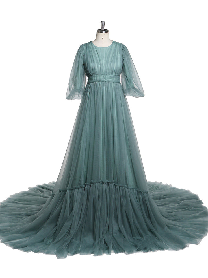 Puffärmel Abendkleid Lang Rundhals Damen Elegant Partykleid Fotoshooting Kleider YEWEN YD21919 