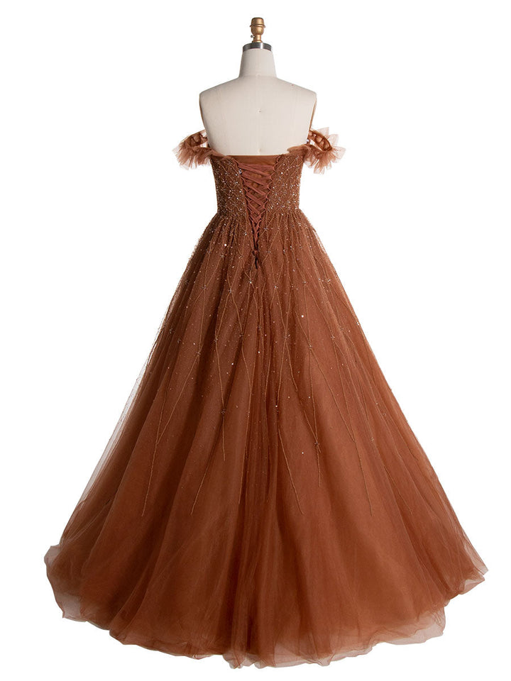 Dunkel Champagner A-Linie trägerloses Luxus Abendkleid mit Perlenbesatz YE2555 