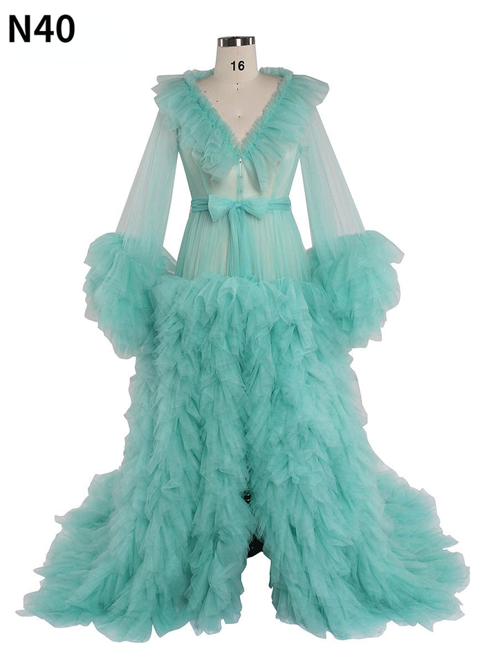 Champagnerfarbenes Umstandskleid mit V-Ausschnitt und Rüschen, langärmlig, für Fotoshootings, Ballkleid 