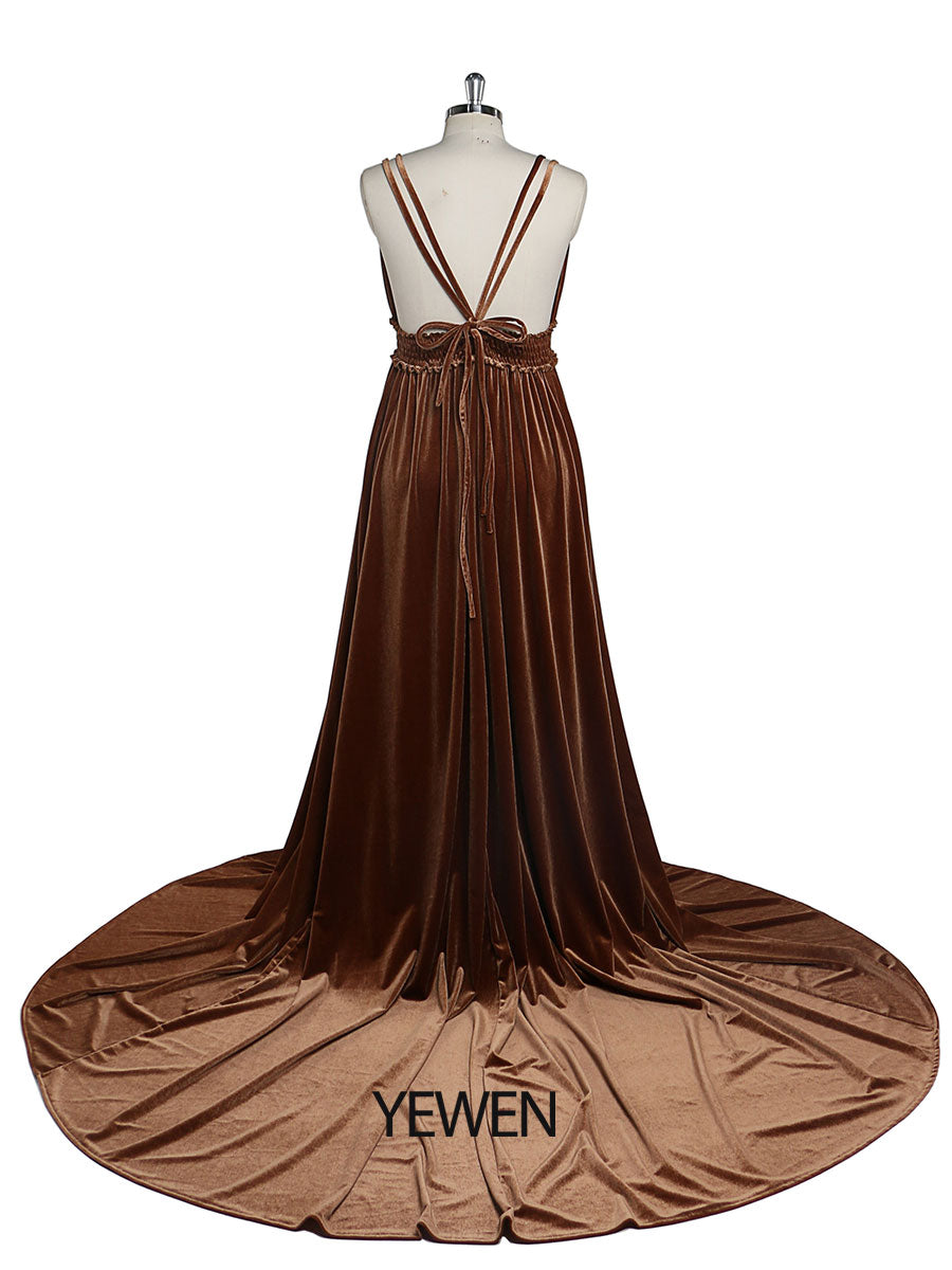 Samtkleid mit V-Ausschnitt, elastischer Taille und Seitenschlitz, langes Fotoshooting-Kleid YD21827 
