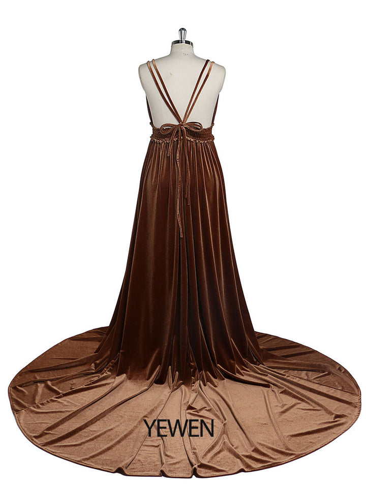 Samtkleid mit V-Ausschnitt, elastischer Taille und Seitenschlitz, langes Fotoshooting-Kleid YD21827 